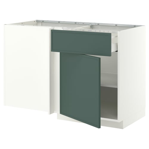 METOD / MAXIMERA Élément bas angle tiroir+tablette, blanc/Aspudden gris-vert foncé, 128x68 cm