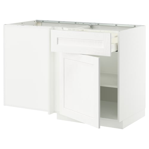 Meuble de cuisine blanc METOD avec tiroir et étagères, texture de grain classique, rectangulaire.