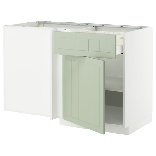 Meuble de cuisine METOD en vert avec plan de travail blanc, avec porte ouverte, étagères réglables et design moderne.