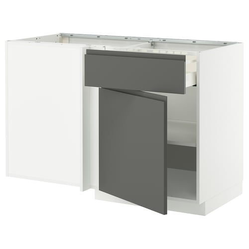 Meuble de cuisine gris moderne d’ikea METOD, tiroir élégant et étagère ouverte.