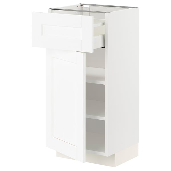Meuble de cuisine METOD en blanc avec étagères réglables, tiroir lisse et design classique.