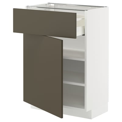 Unité de cuisine METOD moderne blanche avec tiroir gris foncé et étagère moyenne, design minimaliste élégant.