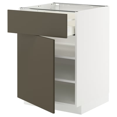 Armoire de cuisine moderne avec tiroir brun foncé/beige, base blanche, étagères réglables et design élégant.