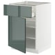 Cette image montre une armoire de cuisine METOD blanche avec un tiroir gris-vert brillant. L’armoire dispose d’une étagère réglable à l’intérieur.