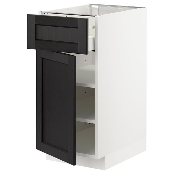 Armoire de cuisine moderne : METOD en blanc avec tiroir et porte gris foncé, bords biseautés, étagères réglables.