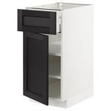 Armoire de cuisine moderne : METOD en blanc avec tiroir et porte gris foncé, bords biseautés, étagères réglables.