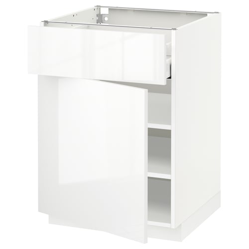 Armoire de cuisine METOD blanc brillant, design moderne avec tiroir moyen, étagères réglables, cadre robuste.