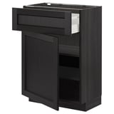 Armoire de cuisine en bois noir avec porte ouverte et tiroir, finition bois foncé.