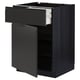 Armoire de cuisine noire moderne avec tiroir ouvert, design élégant, cadre robuste.