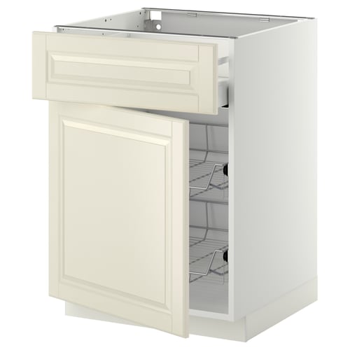 Armoire de cuisine ouverte de couleur crème avec tiroir et étagères métalliques. Design traditionnel, bords biseautés.