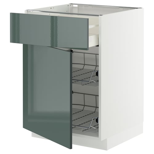 Armoire de cuisine blanche moderne avec tiroir vert, panier en fil.