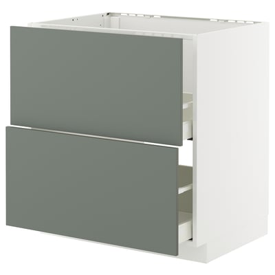 Armoire de cuisine moderne, gris-vert, deux tiroirs, cadre blanc.
