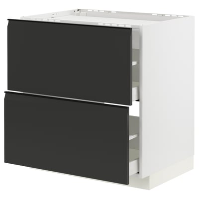 Armoire de cuisine METOD moderne avec poignées upplöv noires, corps blanc, forme rectangulaire et design élégant.