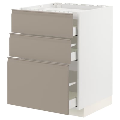 Armoire de cuisine moderne beige et blanche avec trois tiroirs et poignées élégantes.