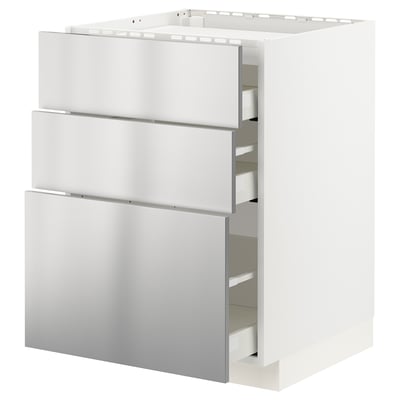 Une armoire de cuisine ikea METOD blanche avec des tiroirs en acier inoxydable, conçue pour une installation au four ou dans un évier.