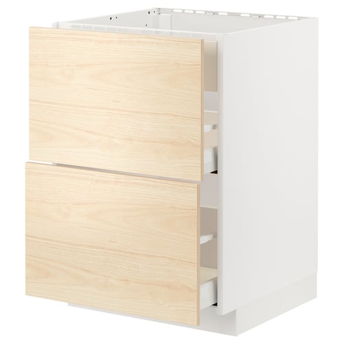 Armoire de cuisine METOD en bois de frêne clair avec deux tiroirs et une seule porte.