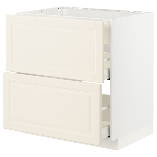 Armoire de cuisine METOD blanc cassé avec façades bodbyn biseautées, avec tiroirs lisses.