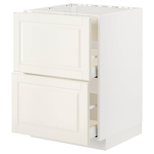Armoire de cuisine METOD blanc cassé avec façades biseautées bodbyn, avec deux tiroirs ouverts.