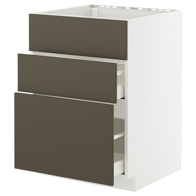 Une armoire de cuisine METOD blanche avec trois tiroirs havstorp brun foncé. Son design rectangulaire et moderne, avec des tiroirs lisses à fermeture douce.