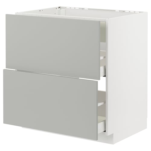 Armoire de cuisine blanche et grise : moderne, rectangulaire, deux tiroirs, design épuré.