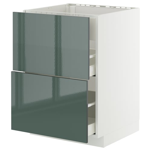 Rangement organisé dans la cuisine. Armoire METOD, gris-vert brillant, cadre blanc, tiroirs retirés.
