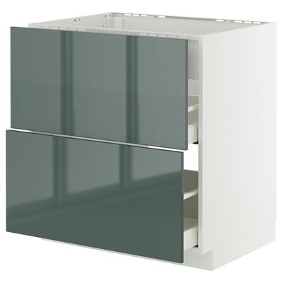 Unité de cuisine moderne : METOD, gris-vert, façades brillantes, cadre blanc, 3 tiroirs coulissants.