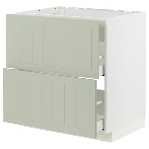 Meuble de cuisine METOD en vert avec deux tiroirs, design épuré, cadre blanc.