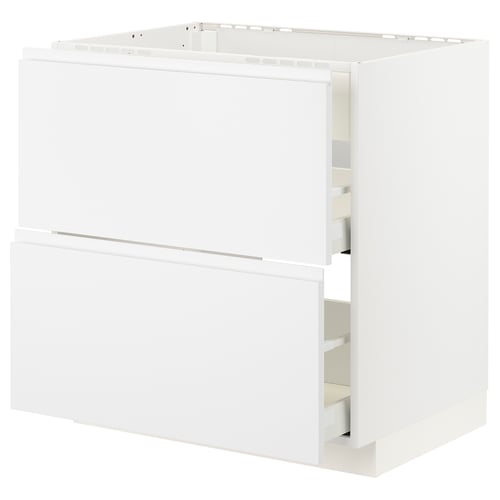 Unité de cuisine METOD blanche, design minimaliste moderne, avec poignées intégrées et tiroirs à fonctionnement fluide.