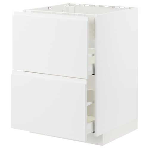 Meuble de cuisine METOD blanc, moderne, minimaliste, design ferroviaire, blanc, rectangulaire, avec poignées intégrées.