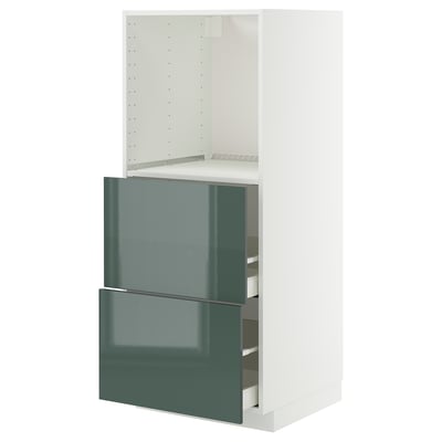 Armoire de cuisine vert-gris brillant avec deux tiroirs et étagère réglable d’ikea.