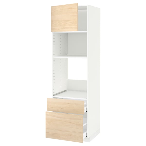 Un meuble de cuisine METOD blanc avec des tiroirs et des étagères en bois clair, au design ouvert.