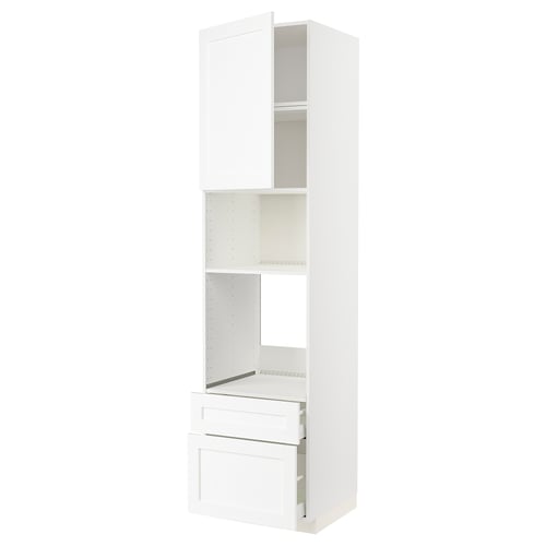 Un meuble de cuisine METOD blanc d’ikea, doté d’étagères et de tiroirs au design élégant et moderne.