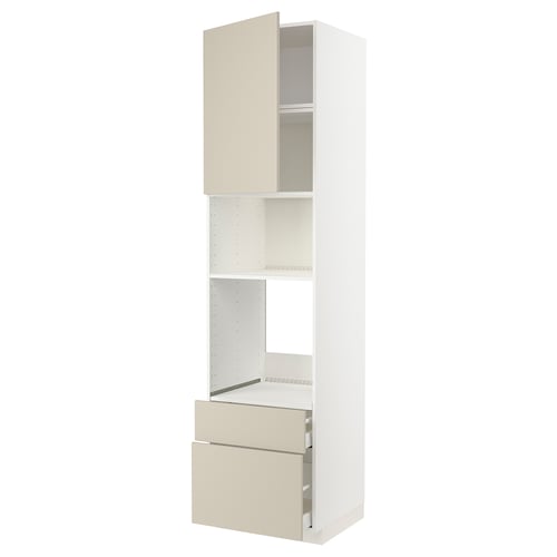Représente un meuble de cuisine ikea METOD de couleur beige avec un intérieur blanc, doté de deux étagères et d’un tiroir.