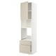 Représente un meuble de cuisine ikea METOD de couleur beige avec un intérieur blanc, doté de deux étagères et d’un tiroir.