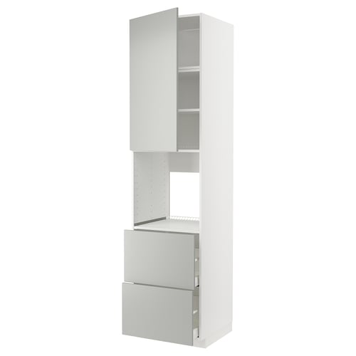 Unité de cuisine METOD blanche avec tiroirs et étagères gris, design moderne et épuré.