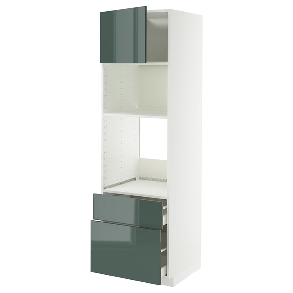 Armoire de cuisine blanche moderne avec tiroirs et étagères gris-vert brillants.