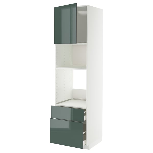 Meuble de cuisine METOD moderne gris-vert brillant avec étagères et tiroirs blancs.