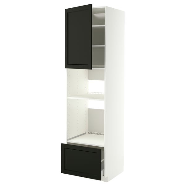 Armoire murale blanche moderne avec tiroirs et porte noirs.