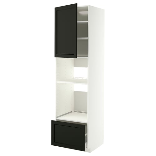 Armoire murale blanche moderne avec tiroirs et porte noirs.