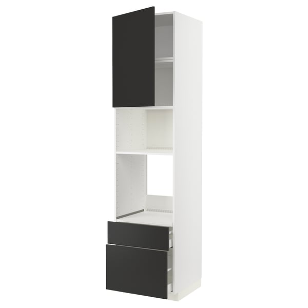 Meuble de cuisine METOD avec façades en nickebo noir, côtés blancs, étagère réglable et tiroirs gris.