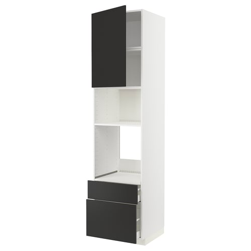 Meuble de cuisine METOD avec façades en nickebo noir, côtés blancs, étagère réglable et tiroirs gris.