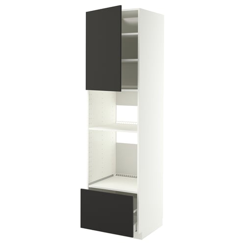 Un meuble moderne et blanc avec porte et tiroir noirs. Contient des étagères, un design élégant, des matériaux de haute qualité.