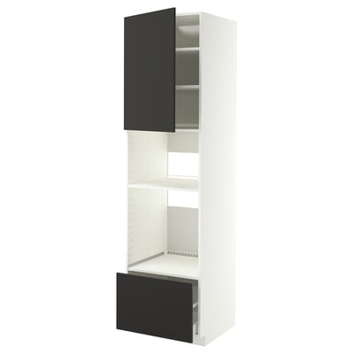 Un meuble moderne et blanc avec porte et tiroir noirs. Contient des étagères, un design élégant, des matériaux de haute qualité.