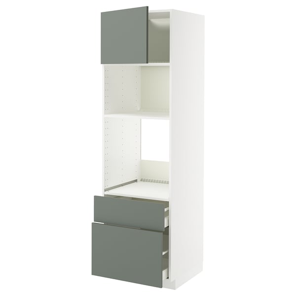 Meuble de cuisine METOD en blanc avec tiroirs et meuble gris-vert, design élégant et moderne.