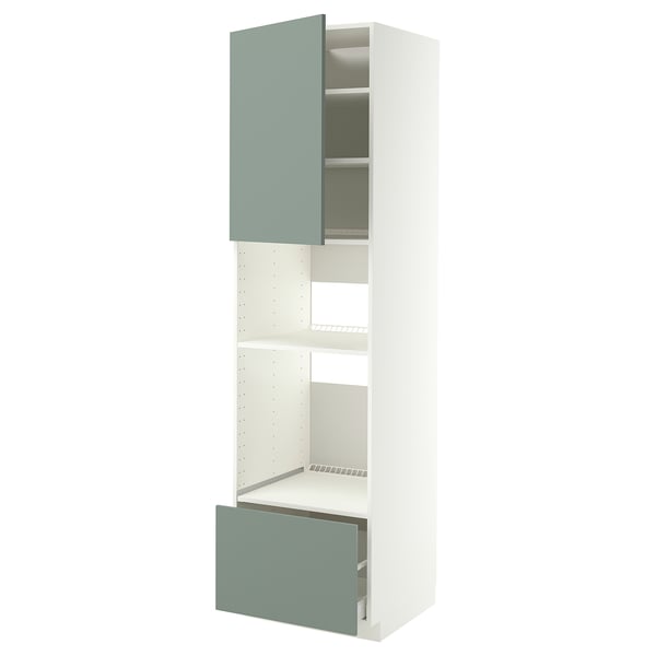 Un box de rangement de cuisine blanc et gris-vert avec un placard et des tiroirs.