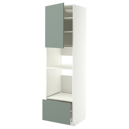 Un box de rangement de cuisine blanc et gris-vert avec un placard et des tiroirs.