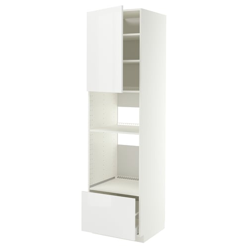 Unité de cuisine METOD blanche avec portes brillantes et étagères réglables.