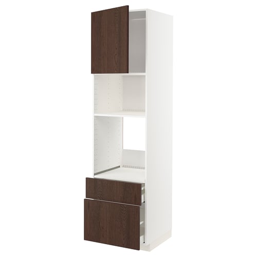 Unité de cuisine METOD avec tiroirs en bois de sinarp brun foncé et armoire blanche. Grand avec étagères ouvertes.