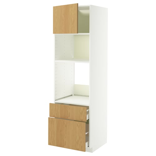 Une armoire METOD blanche avec des tiroirs et des étagères en bois clair.