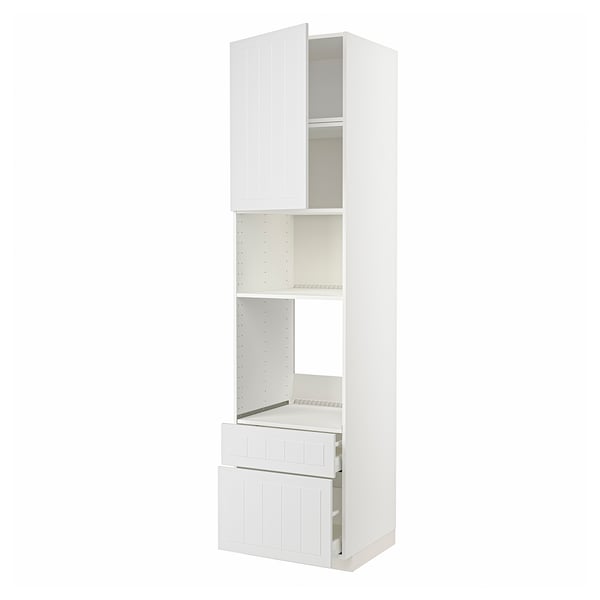 Meuble de cuisine blanc METOD avec armoires, étagères et tiroirs. Design artisanal et moderne.